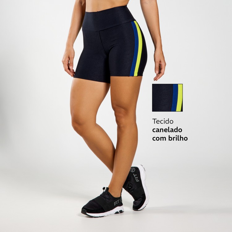 Short Fitness Micro Canelado Sinais Com Recortes Marinho e Verde Limão